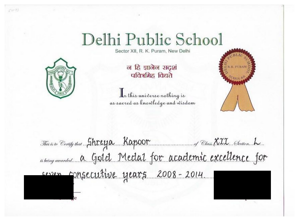 Gold Medal for Academic Excellence Certificate