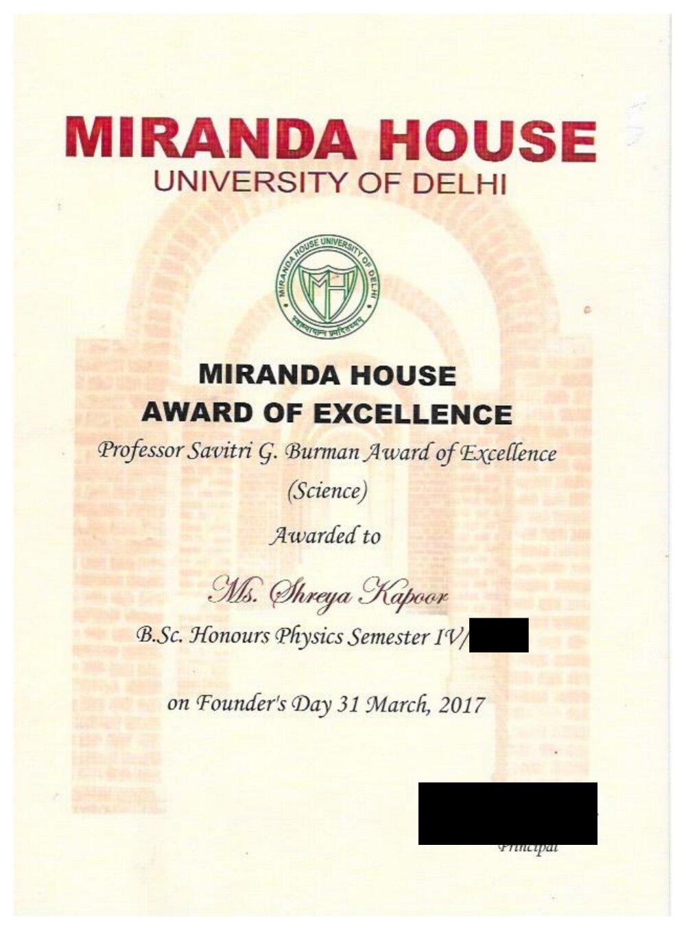Professor Savitri G Burman Award of Excellence Certificate