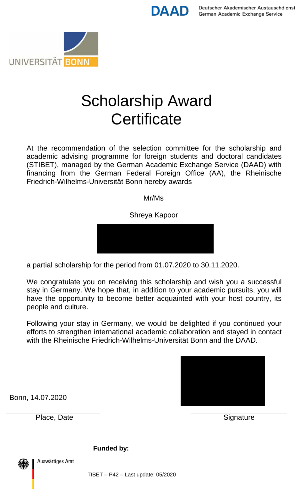 STIBET Scholarship Award Certificate